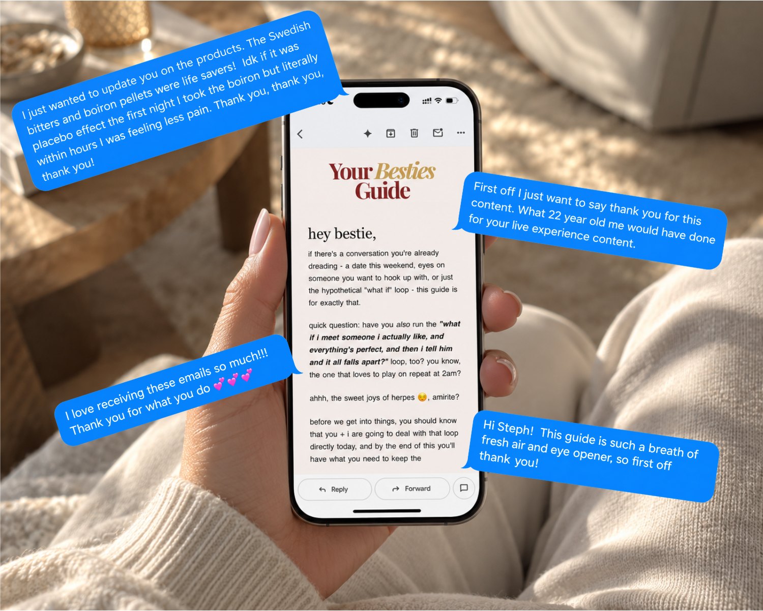 The free guide open in an email on a phone, surrounded by thank-you texts from readers