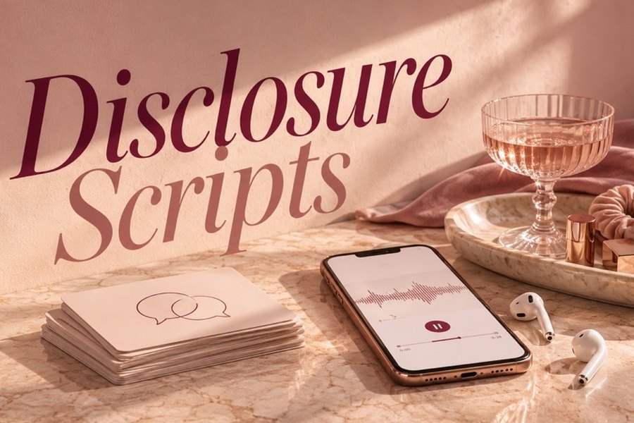 Disclosure Scripts: a stack of script cards and a phone playing one of Steph's voice memos